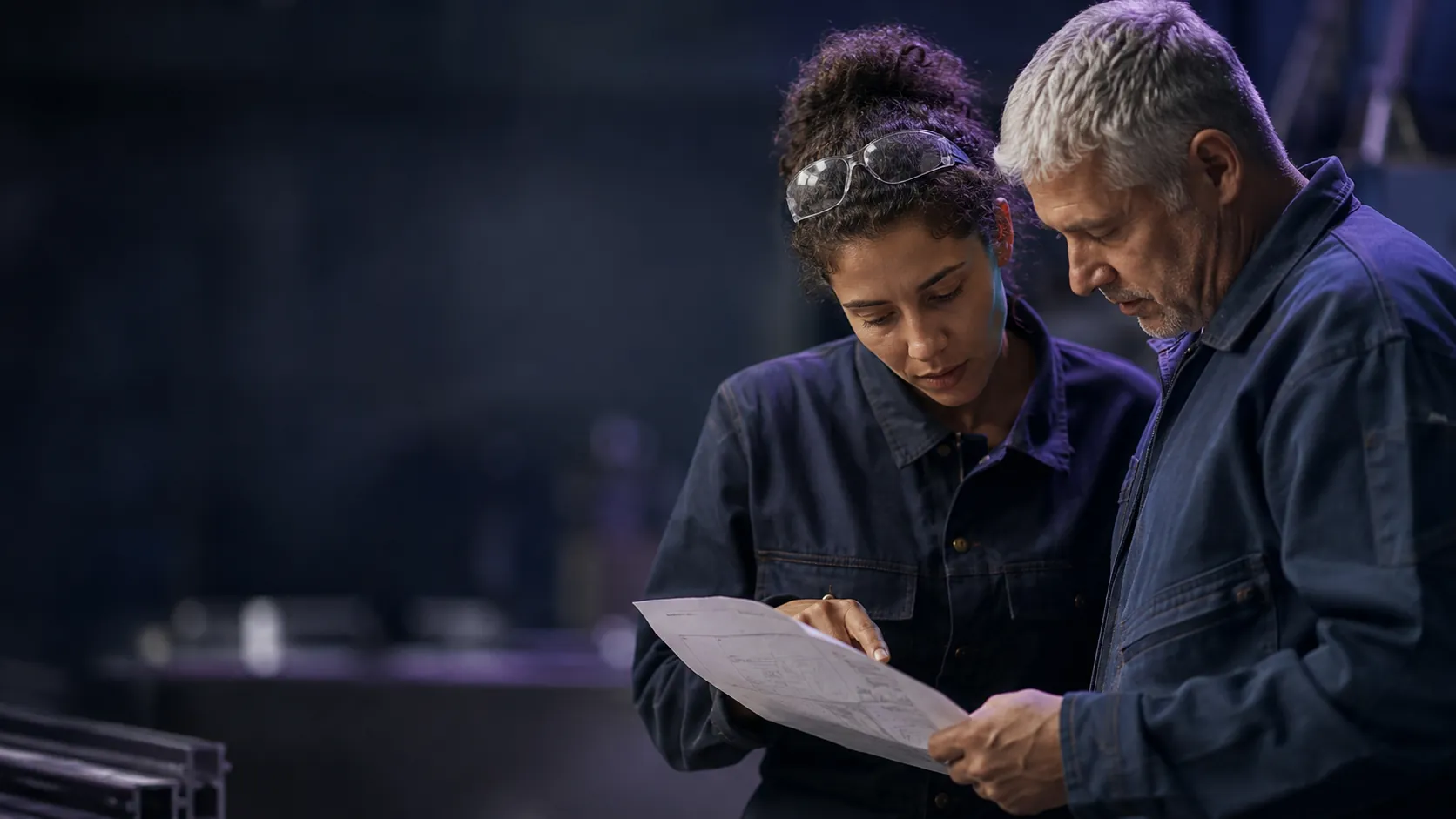 Deux professionnels qualifiés se coordonnent sur un site de travail, penchés sur une pièce technique